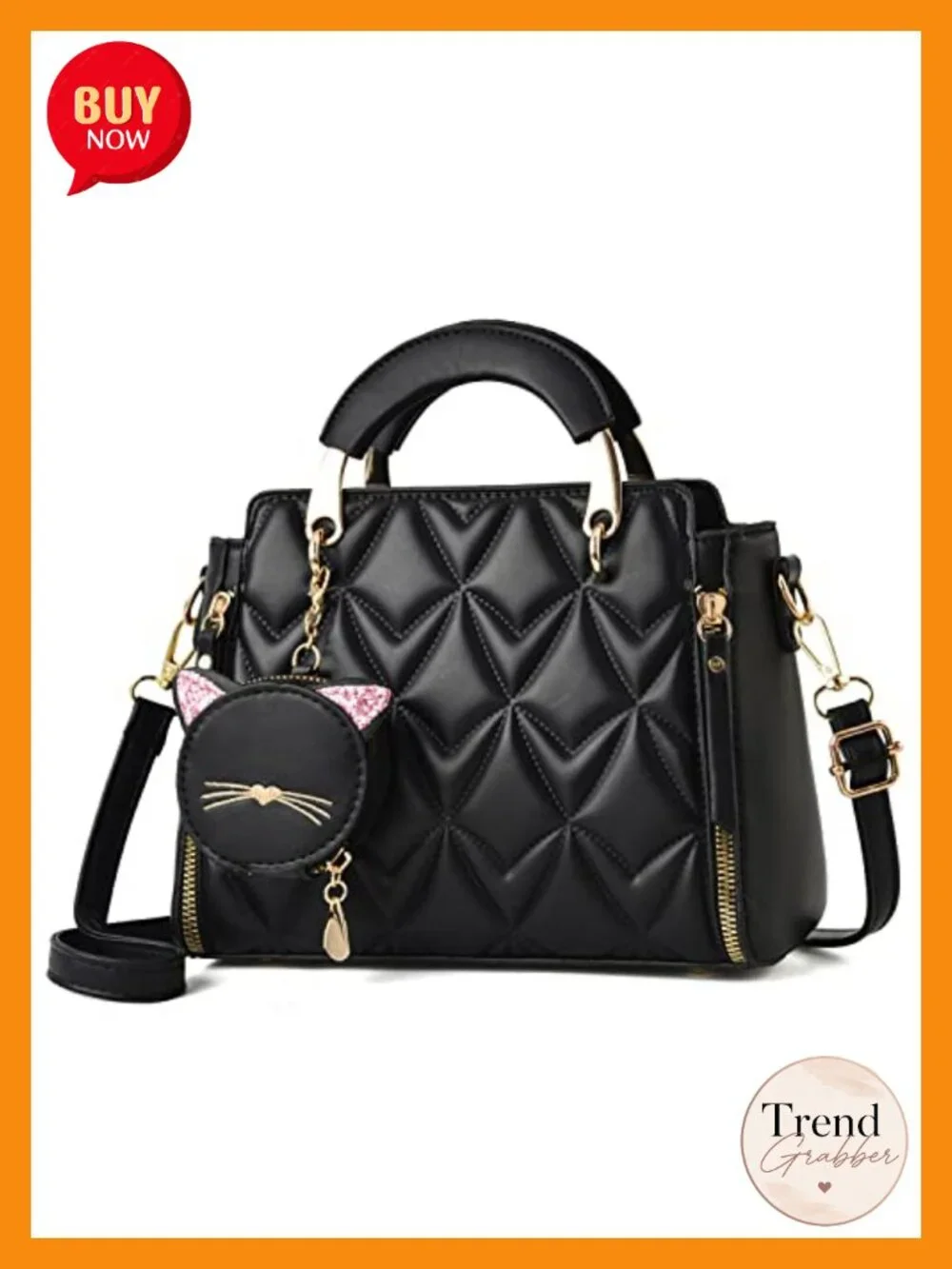 PU Leather Satchel Handbag Crossbody Shoulder Bag Small Tote with Kitten Pendant